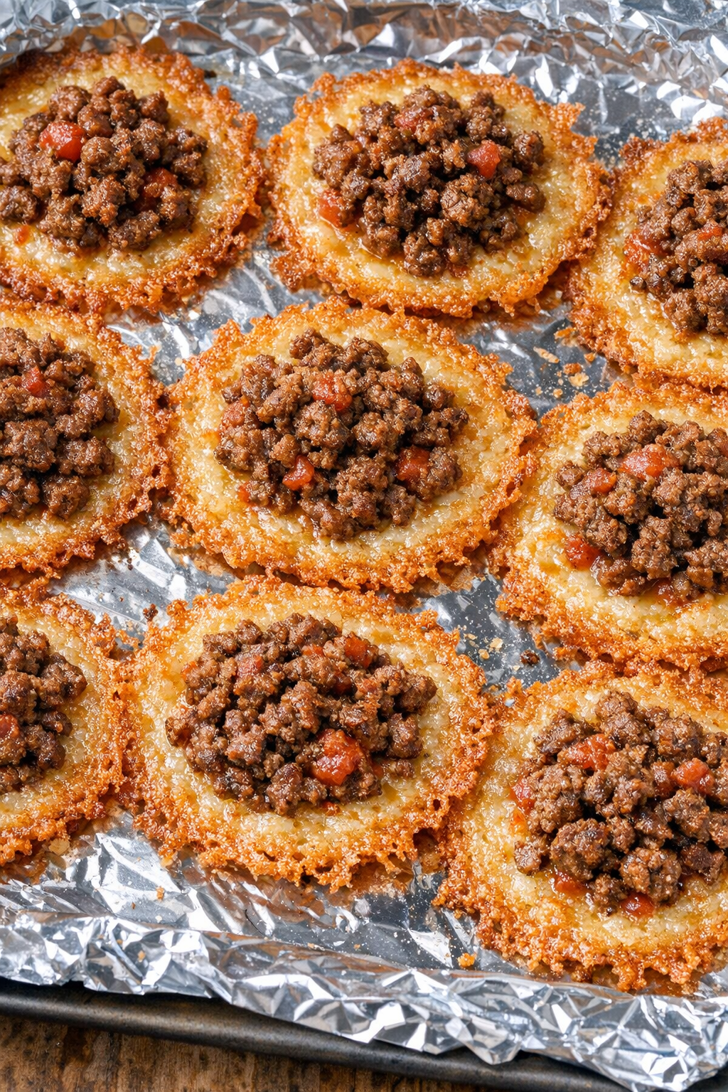Low carb taco cheese crisps on a foil-lined baking tray