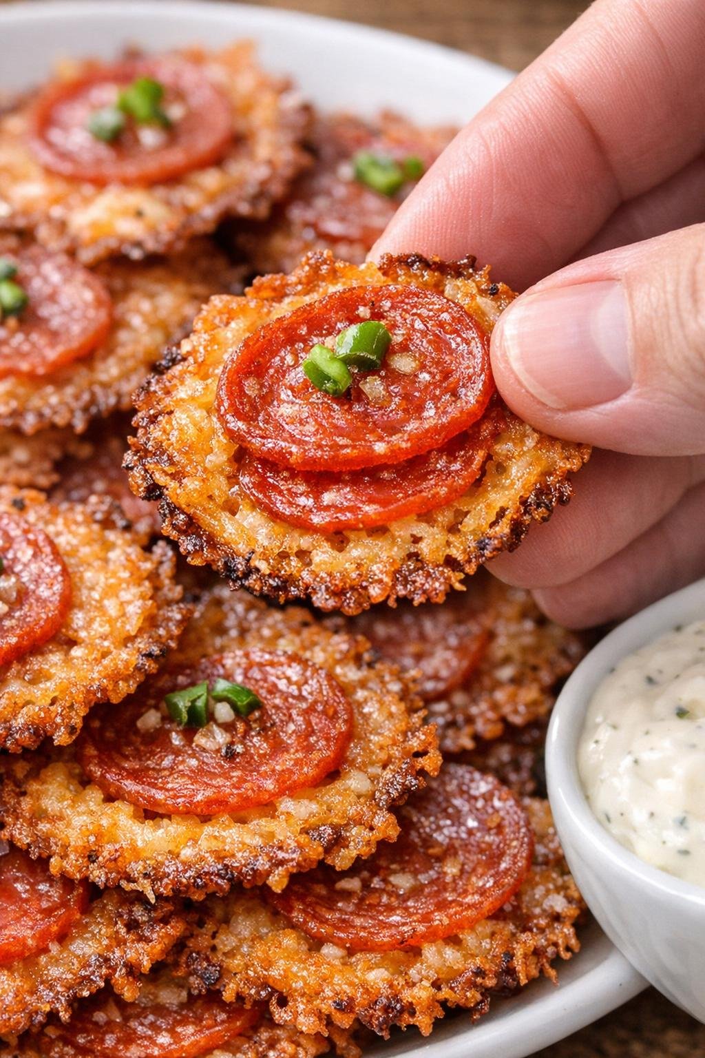 Low carb pepperoni crisps on a serving platter