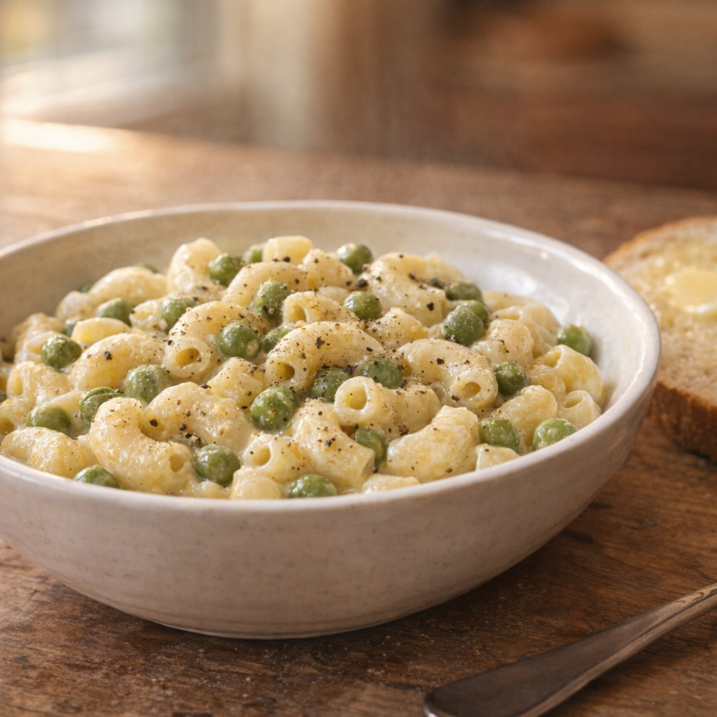 Bowl of pea macaroni with black pepper and buttered bread