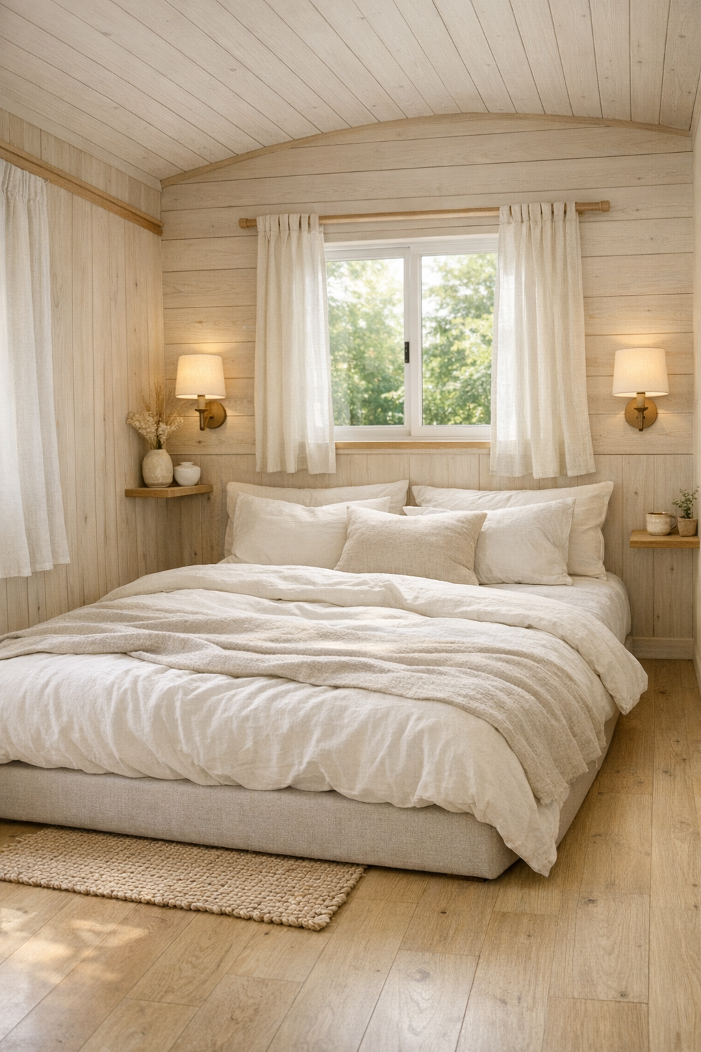 Soft magnolia tiny home bedroom with an upholstered bed, layered neutral bedding, and gentle natural light