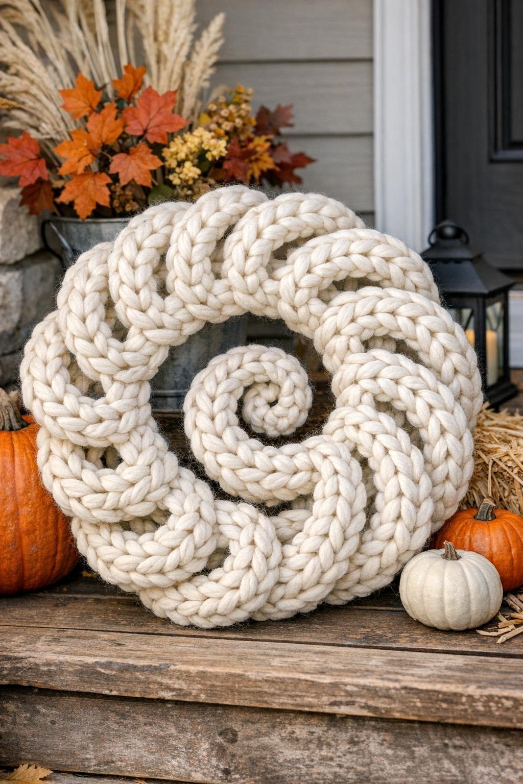 Finished crochet spiral porch statement piece made from soda bottle rings and cream yarn