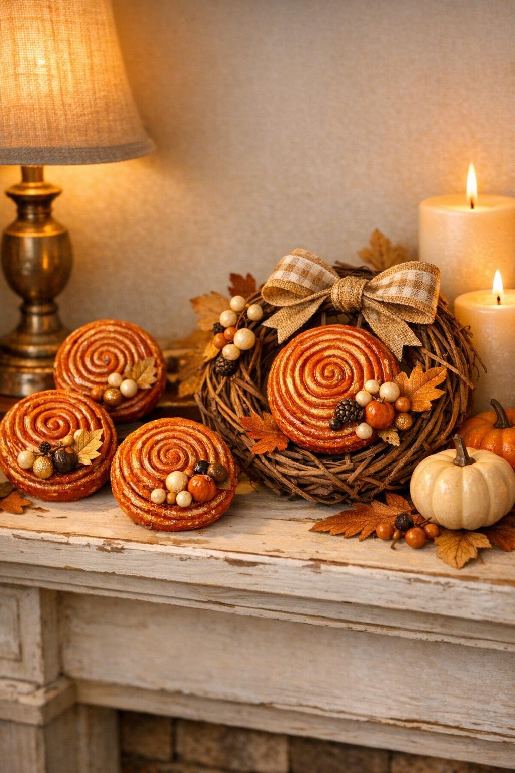 Finished harvest medallions made from hot glue displayed in fall home decor