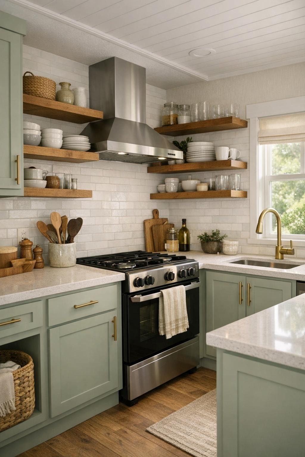 Compact cottage kitchen with soft sage cabinets and warm brass accents