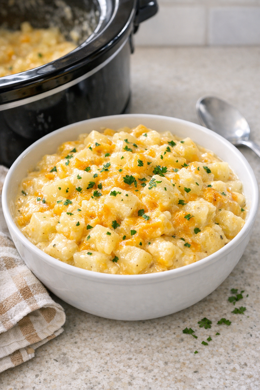 Finished creamy slow cooker diced potatoes in a serving bowl