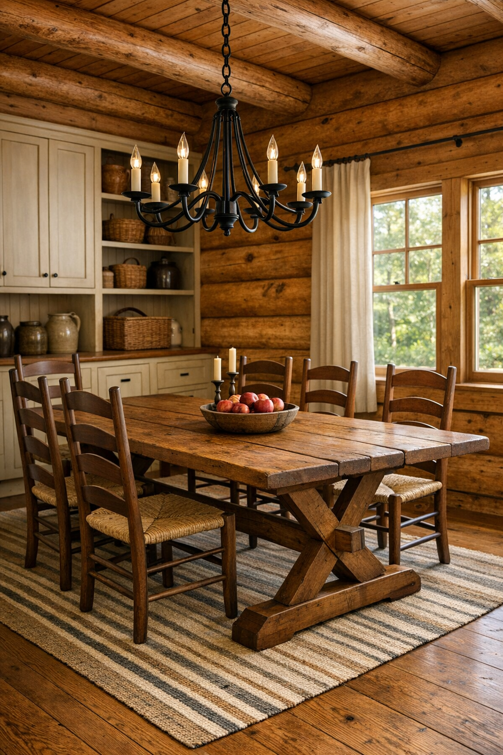 Rustic dining room with handcrafted wood trestle table, ladder-back chairs, and iron chandelier
