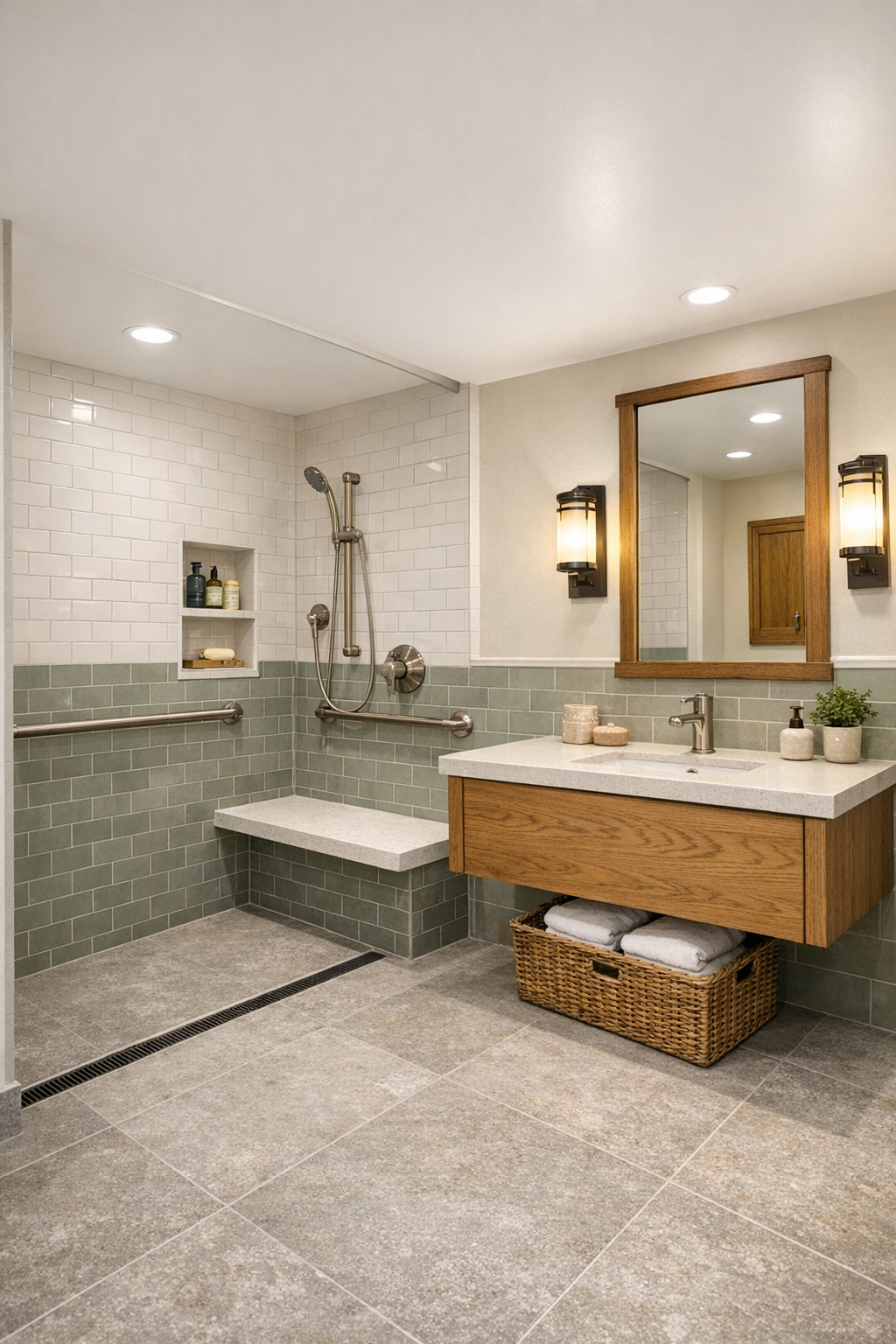 Warm accessible bathroom with a curbless shower, floating oak vanity, and soft stone finishes