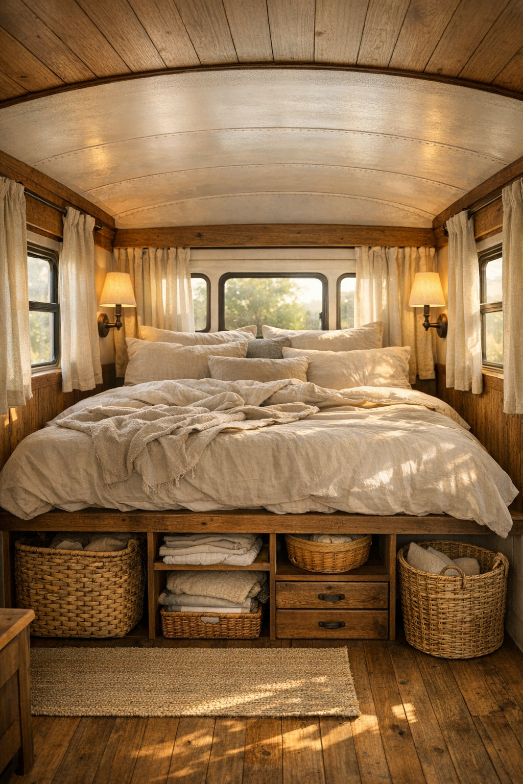 Quiet bus bedroom with raised platform bed, soft neutral bedding, and warm wood details