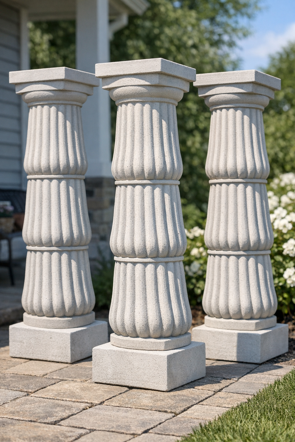 Finished fluted yard columns made from cement-filled milk jug forms