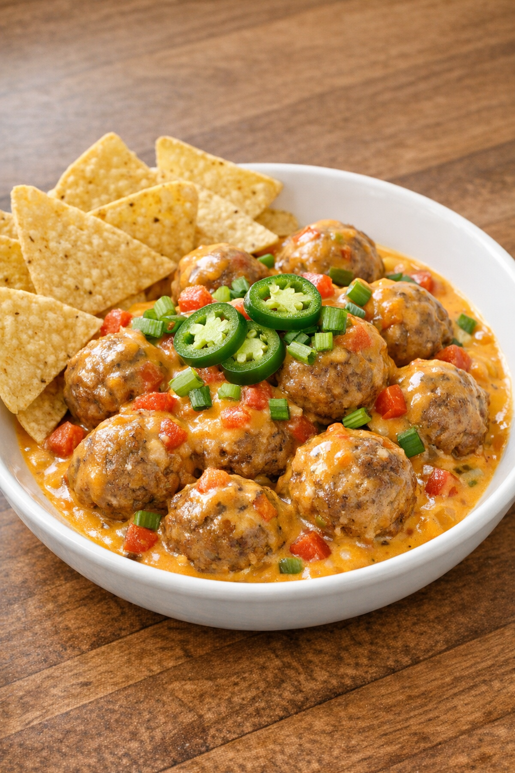 Finished slow cooker nacho beef meatballs served in a bowl