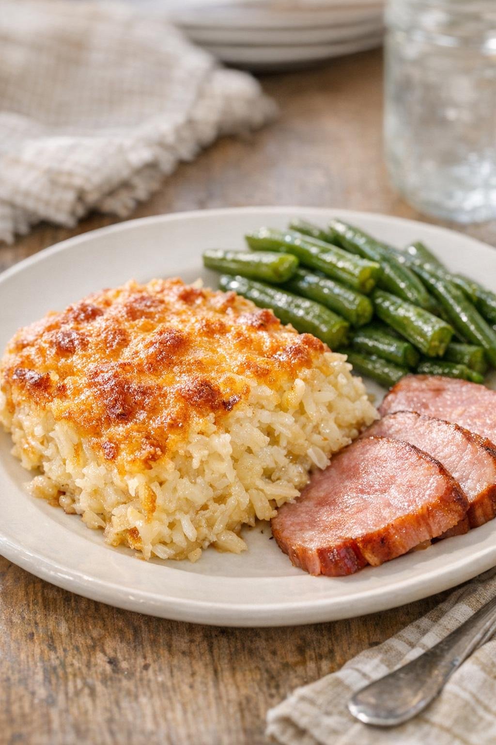 Baked potato casserole plated with simple sides