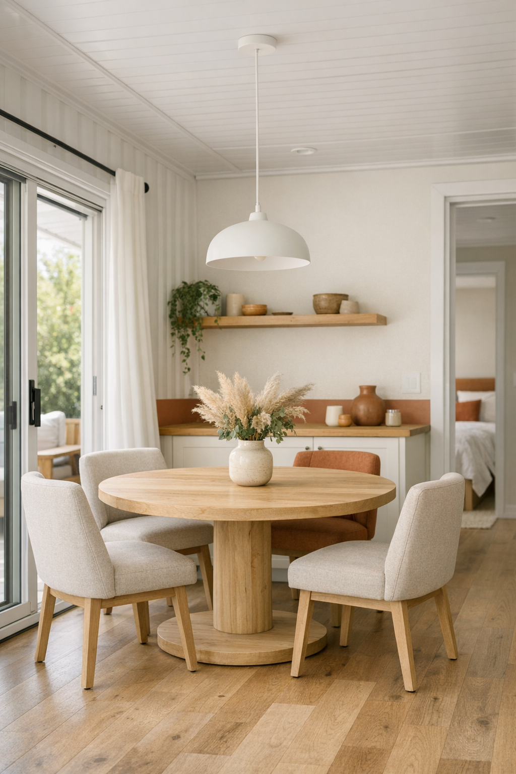 Open dining area with a round wood table and soft modern lighting