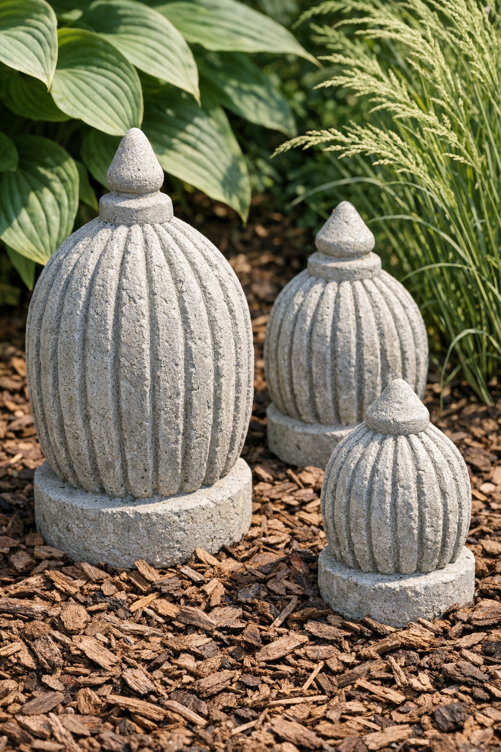 Finished ribbed cement garden finials displayed outdoors