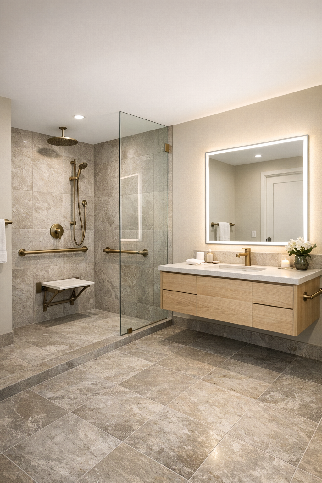 Elegant accessible bathroom with curbless shower and light wood vanity