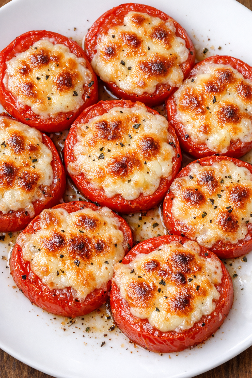 Low carb mozzarella tomato bakes on a white plate