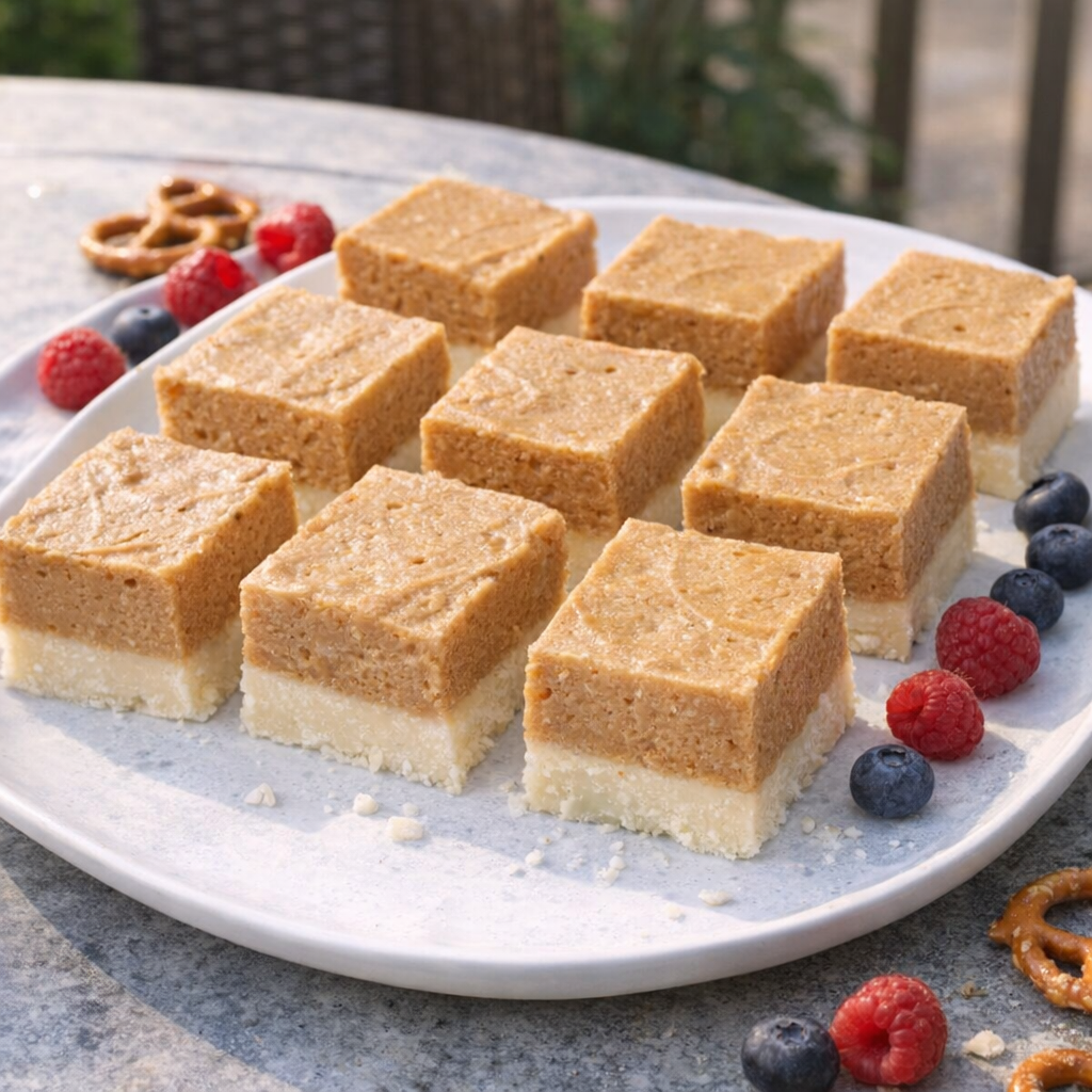 Layered whipped coffee fudge squares on a chilled platter