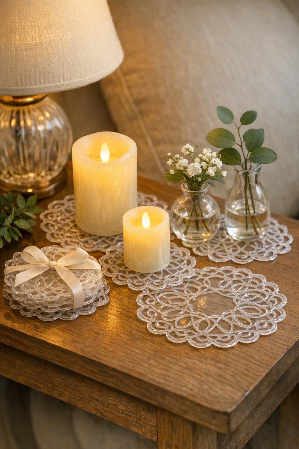 Finished hot glue lace doilies styled under candles and glass decor