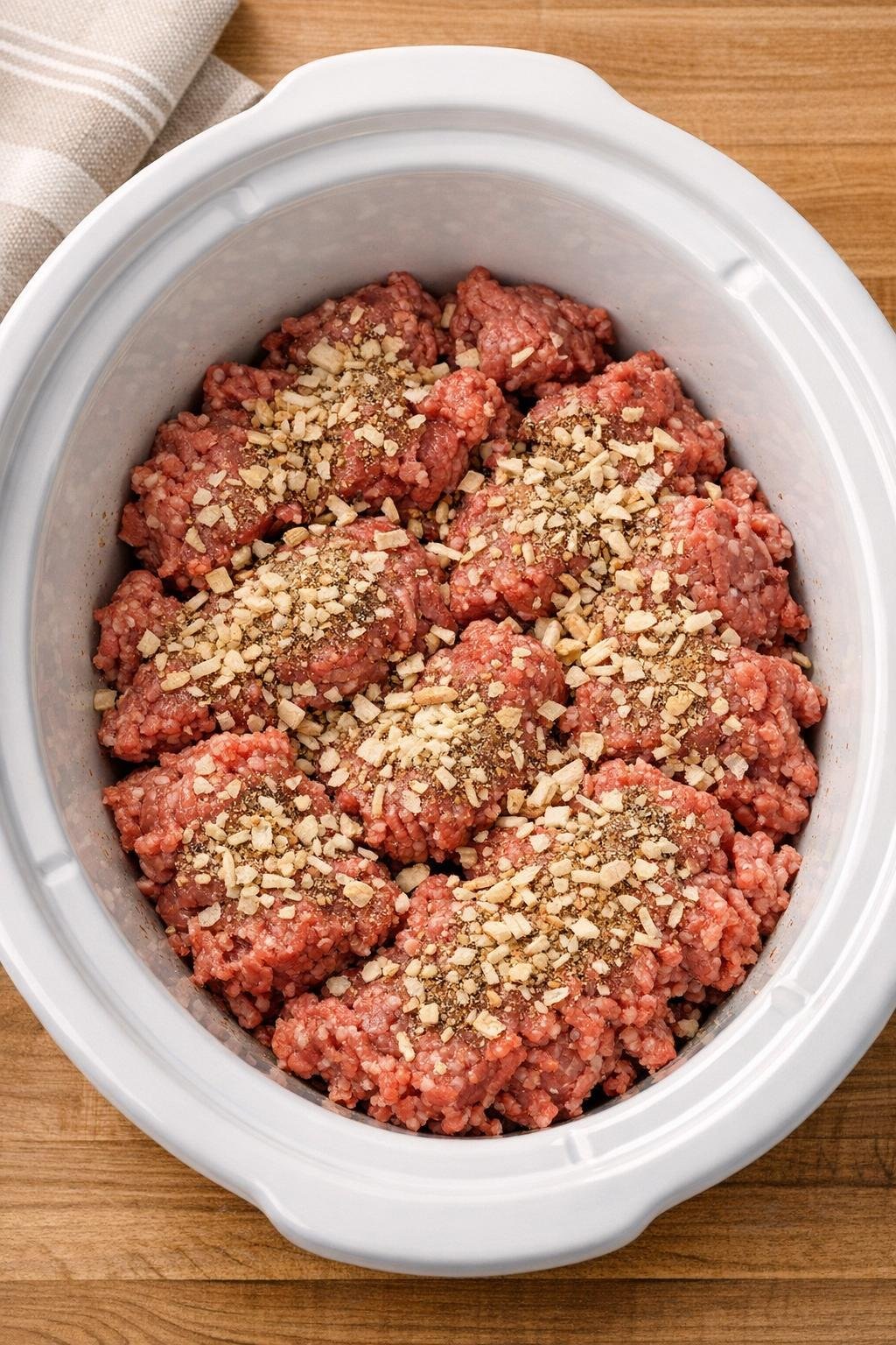 Raw ground beef in slow cooker topped with onion soup mix