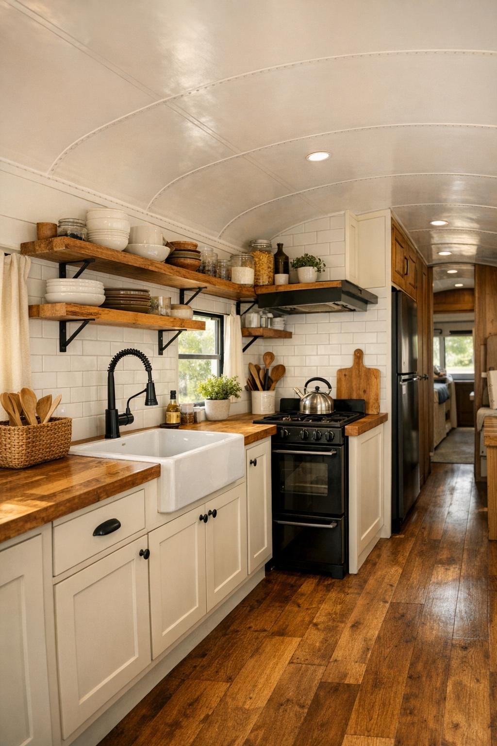 Galley kitchen inside a converted bus with butcher block counters and cream cabinets
