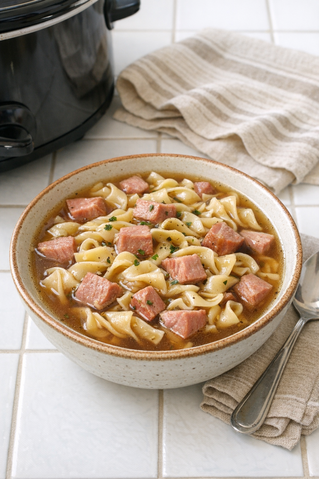 Finished bowl of Amish-style ham pasta in rich beef broth