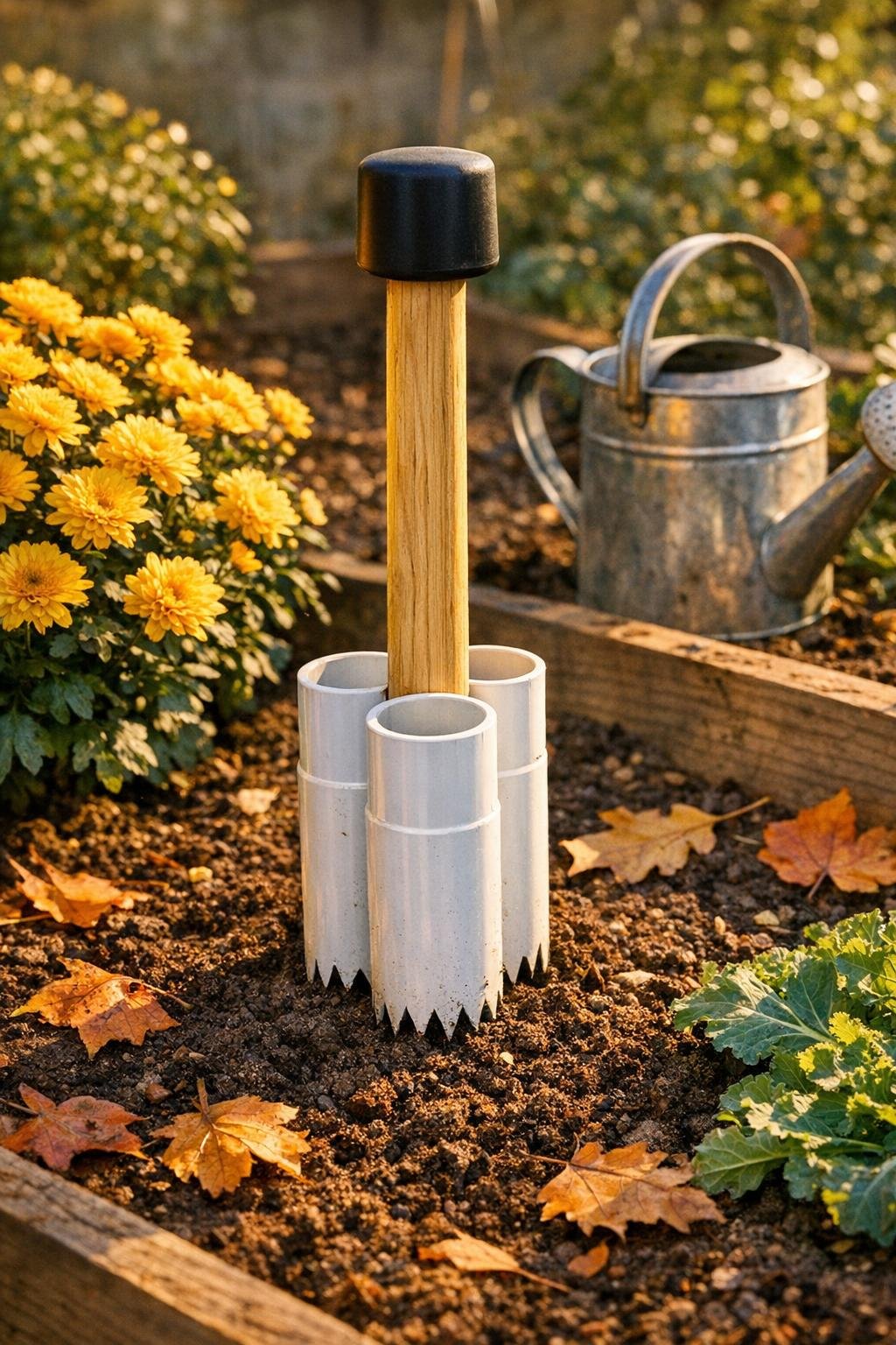 Finished DIY PVC soil aerator standing in a fall garden bed