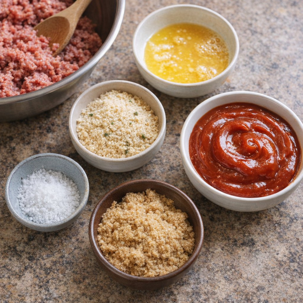 Meatloaf ingredients arranged in mixing bowls