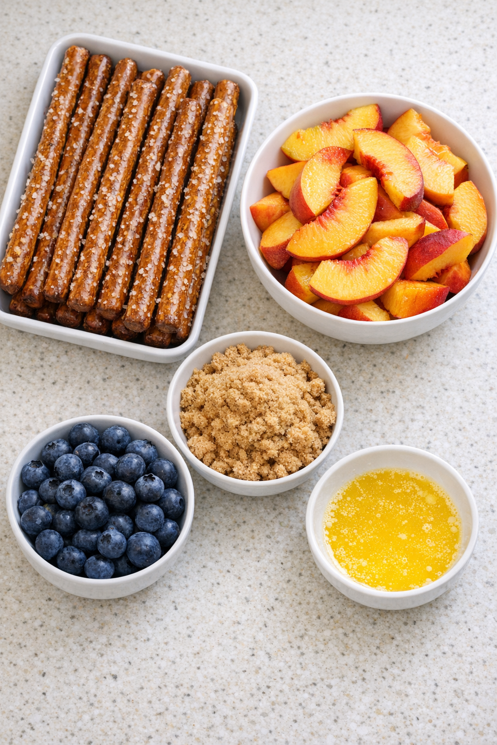 Pretzel rods, peaches, berries, brown sugar, and melted butter