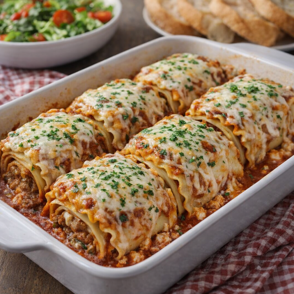 Lasagna roll-ups in a baking dish on a family dinner table