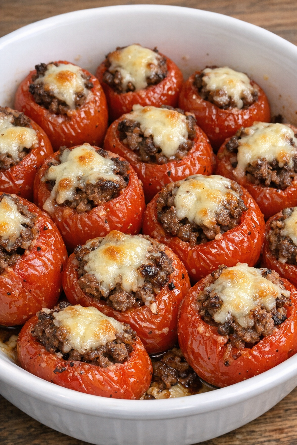 Oven baked beef stuffed cherry tomatoes in a white serving bowl