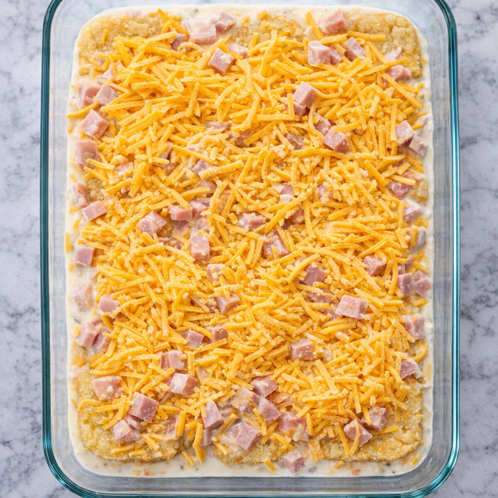 Unbaked hash brown casserole topped with shredded cheddar