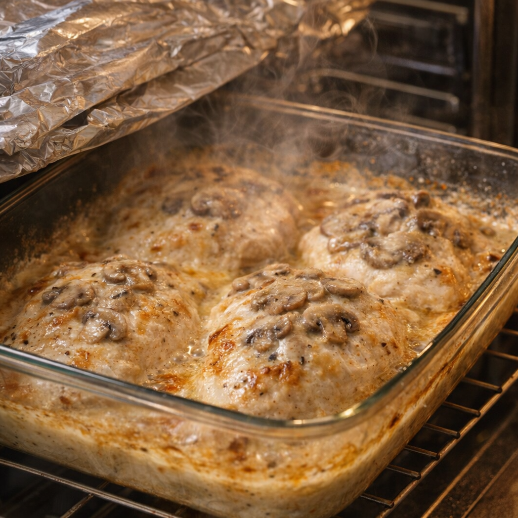 Foil just lifted from hot baked chicken with steam rising