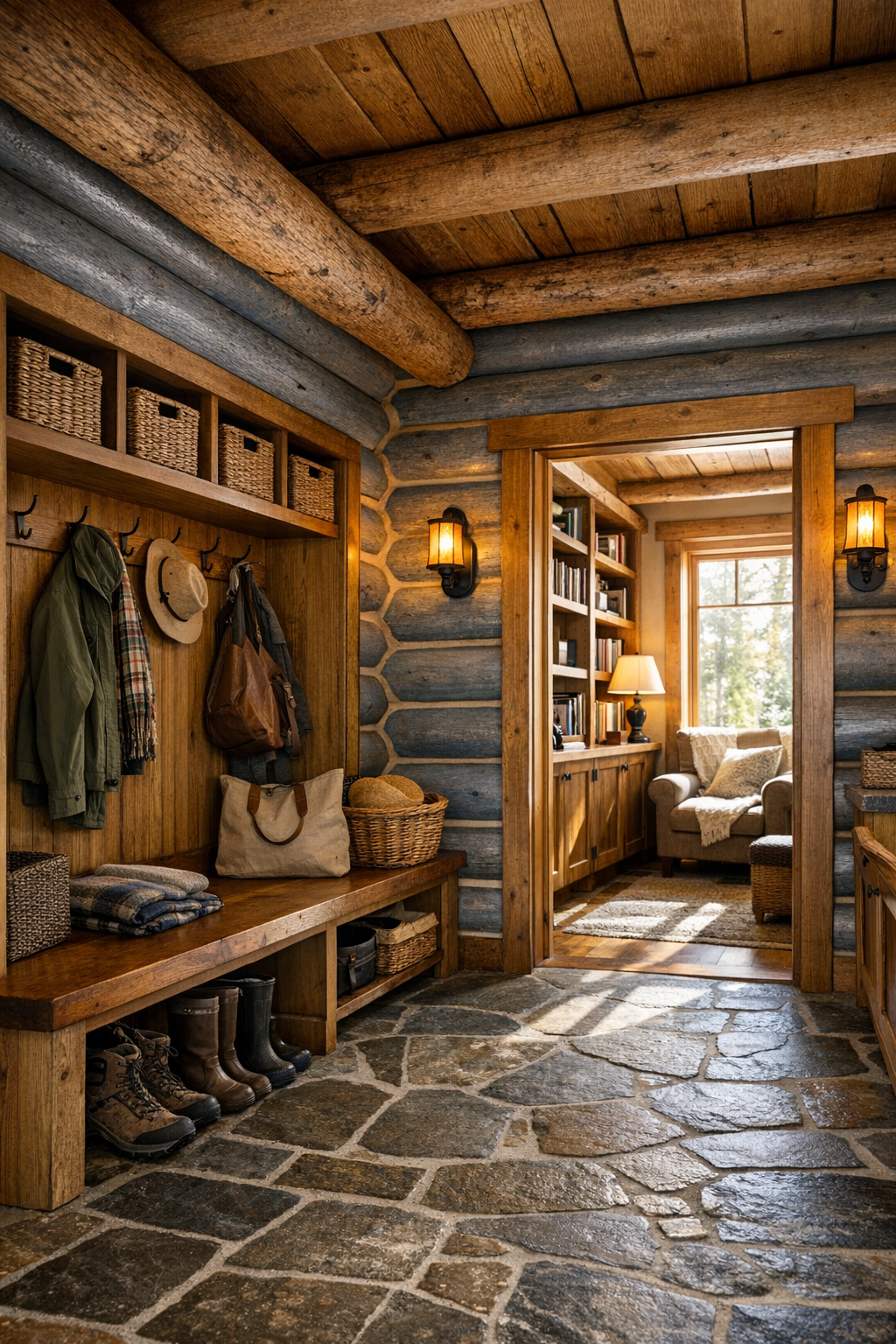 Thoughtful mudroom and hallway area with built-ins, stone flooring, and warm wood details