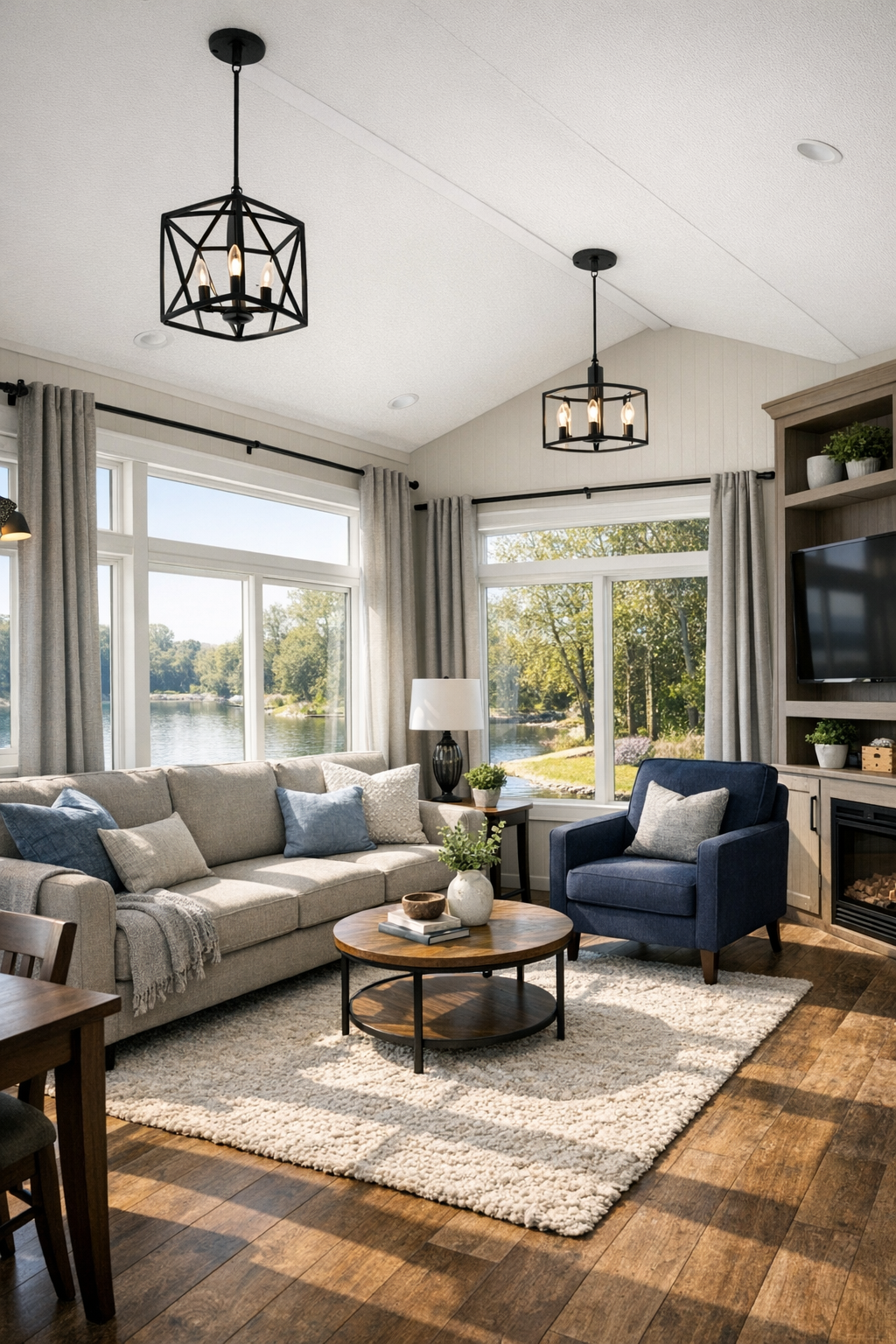 Bright modern living room with large picture windows, navy and gray accents, and warm wood flooring