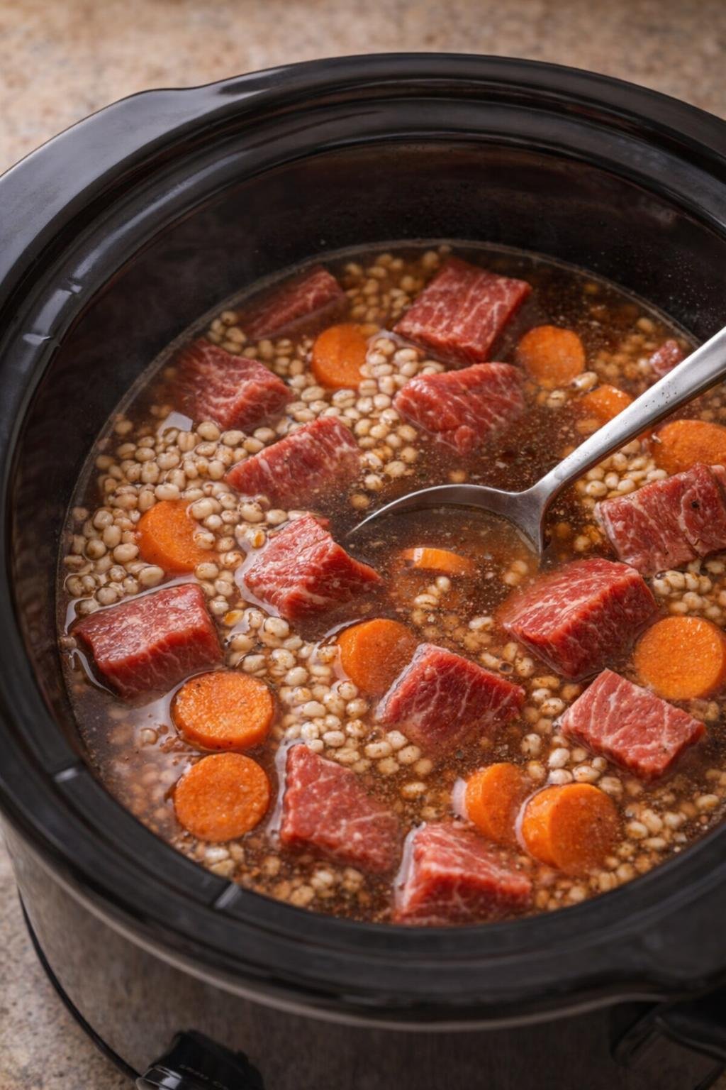 Slow cooker filled with layered beef, barley, carrots, and broth