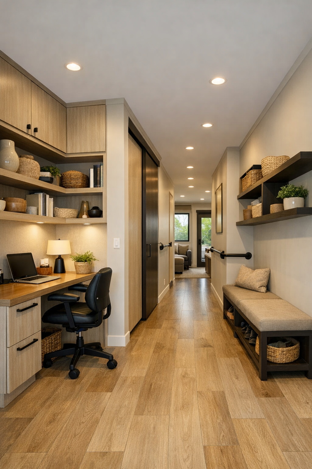 Flexible hallway and work area with built-in storage in a modern container home