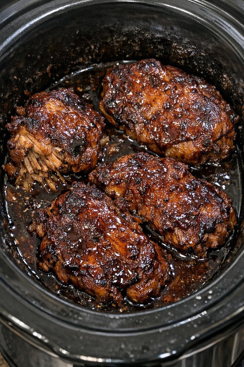 Slow cooker root beer pork chops with glossy dark glaze