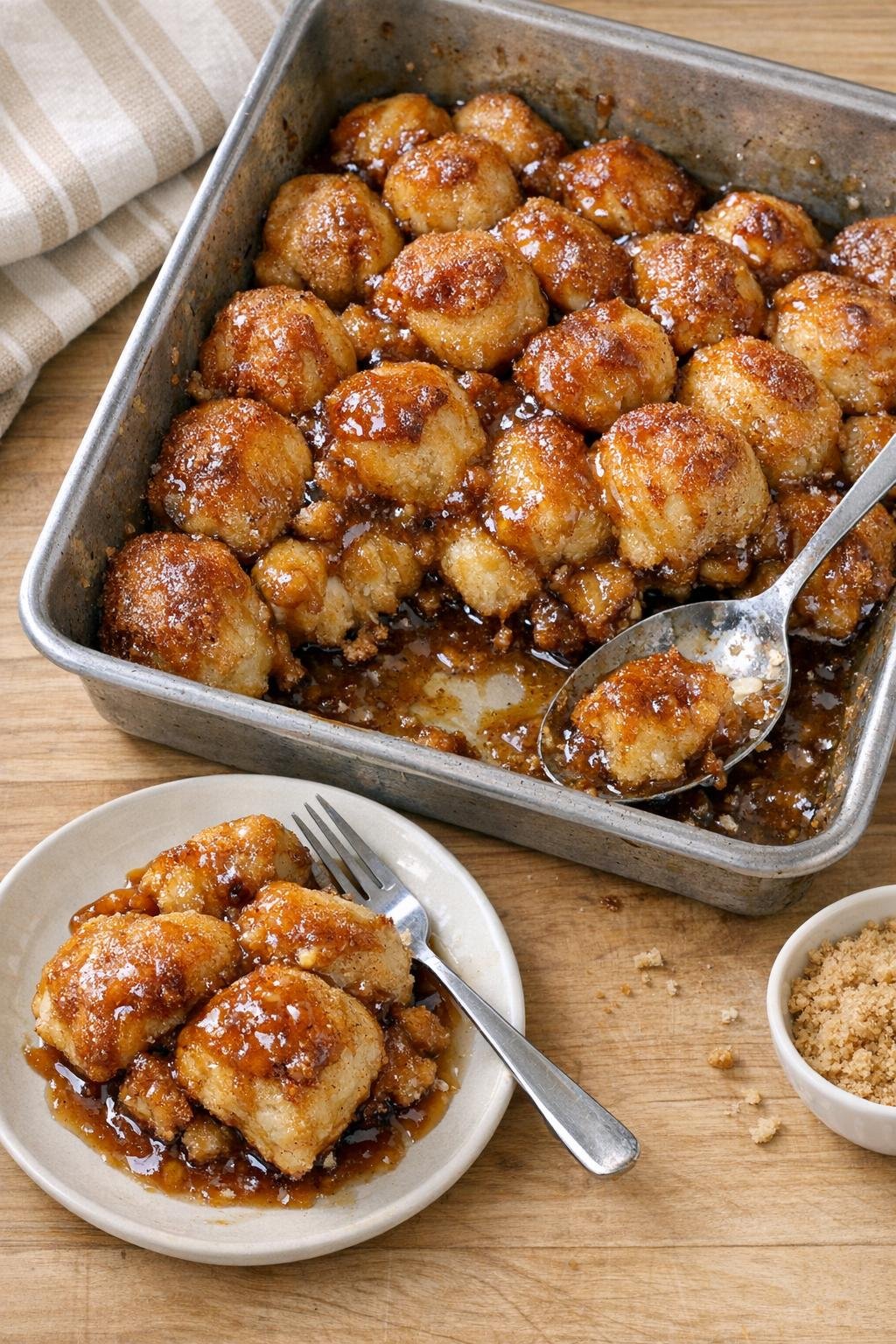 Finished baked biscuit dessert in roasting pan