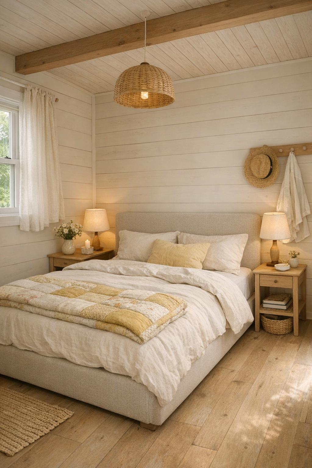 Calm tiny home bedroom with a low upholstered bed, soft neutral bedding, and pale warm finishes