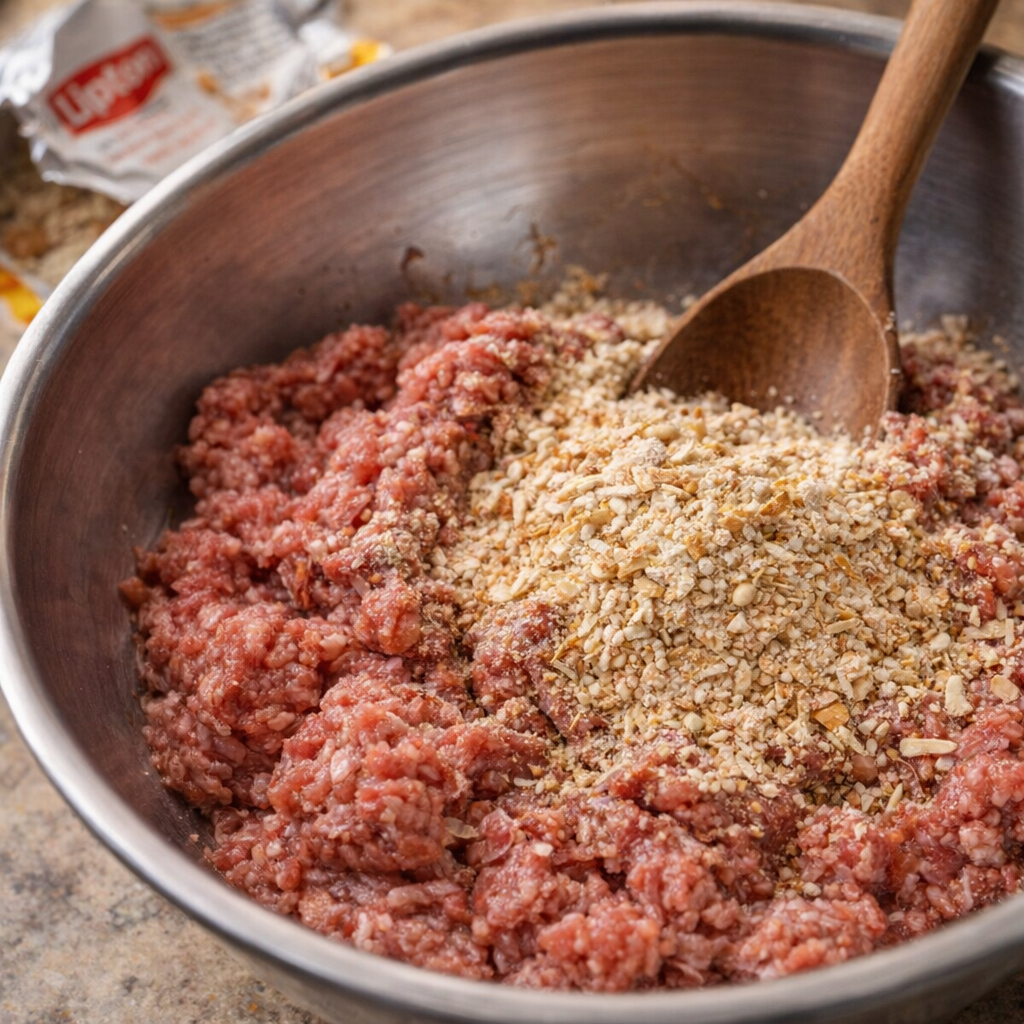 Ground beef mixed with onion soup mix in a metal bowl