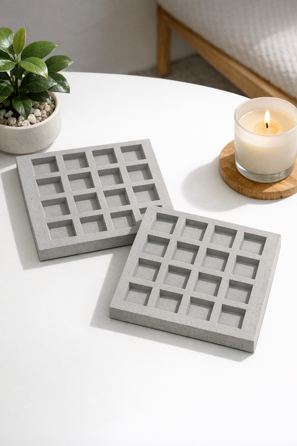 Finished concrete grid slabs made from waffle molds and ceramic tiles