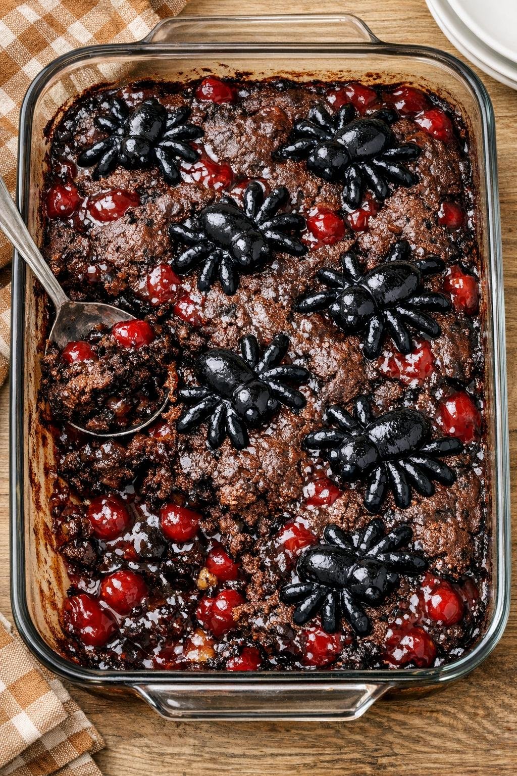 Finished baked spider dessert in a glass dish