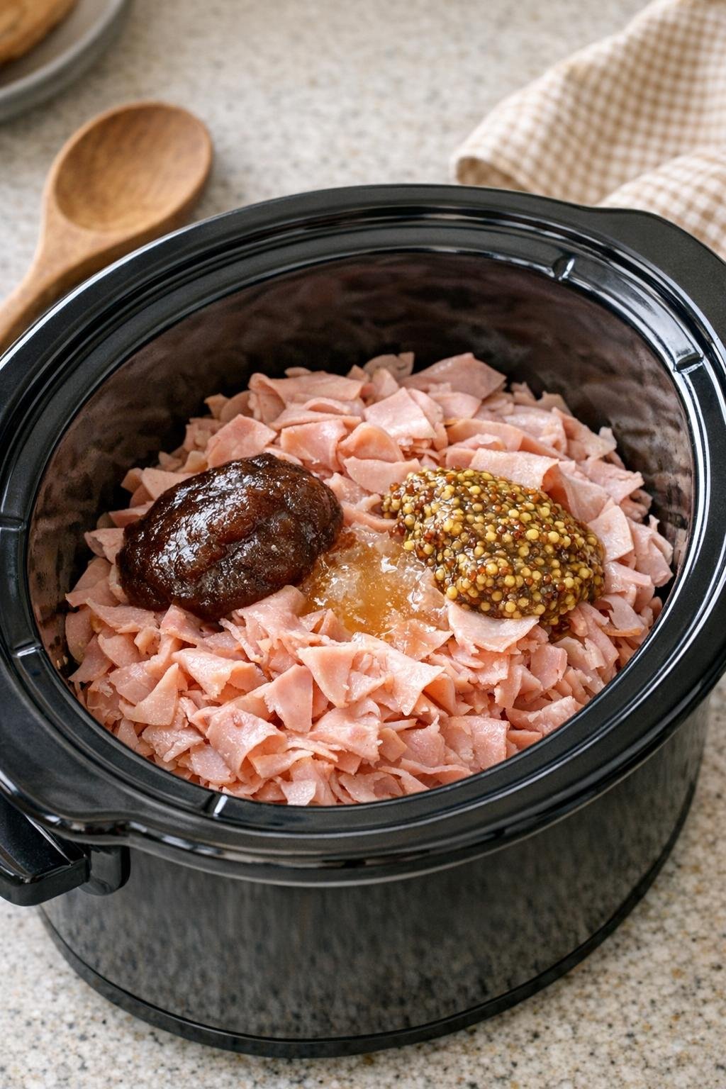 Ham and sauce ingredients added to slow cooker