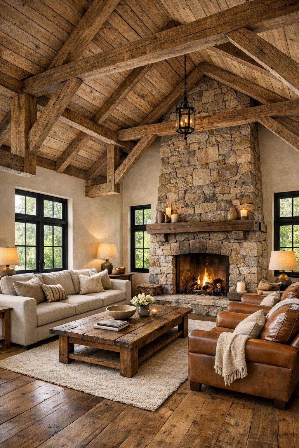 Warm farmhouse living room with exposed beams, stone fireplace, and linen seating