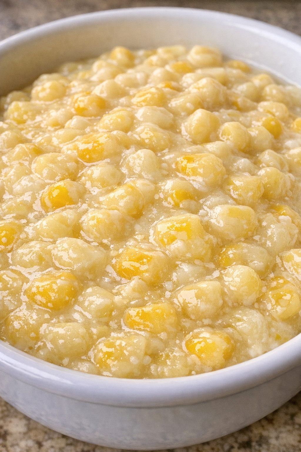 Creamed corn in a white ceramic bowl