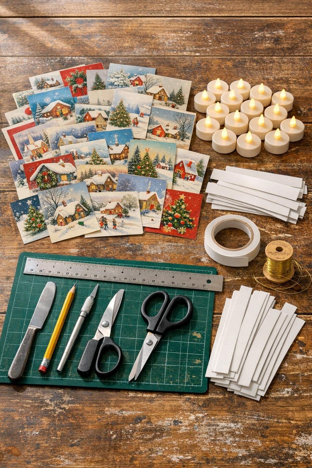 Materials for a folded Christmas card village laid out on a wooden table
