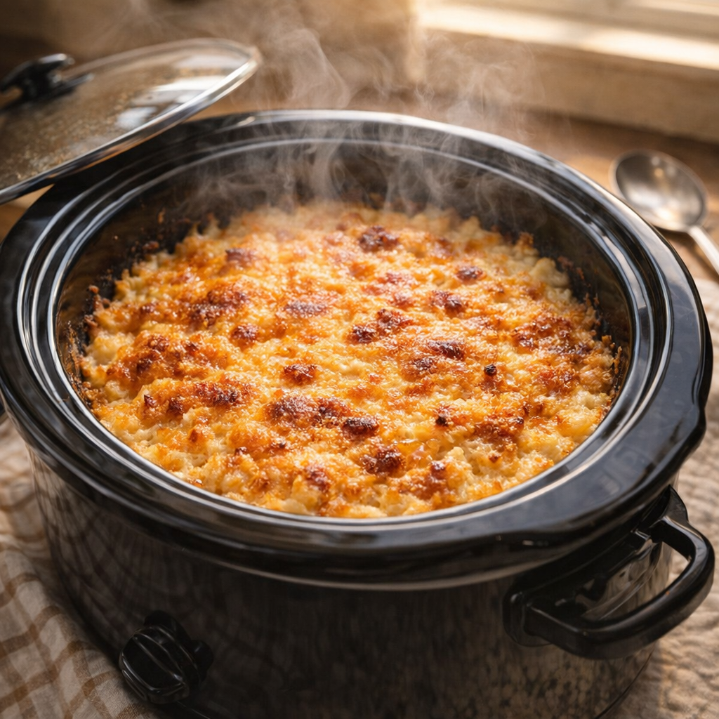 Freshly cooked cheesy potatoes with a golden top in the slow cooker