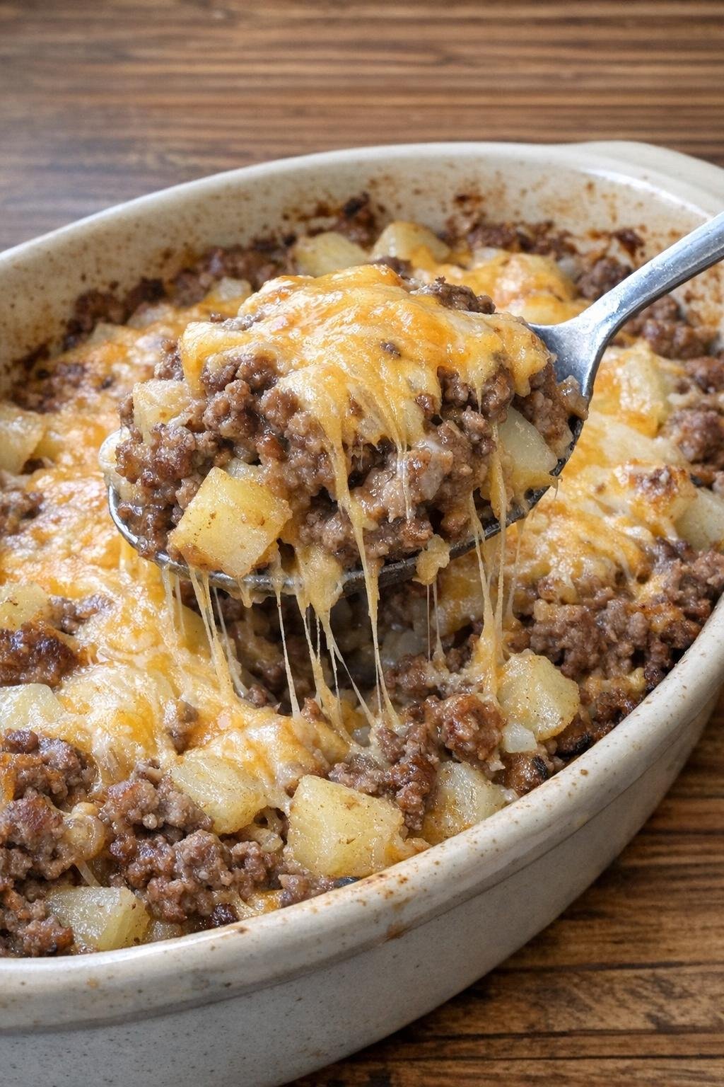 Hearty baked ground beef and potatoes in stoneware dish