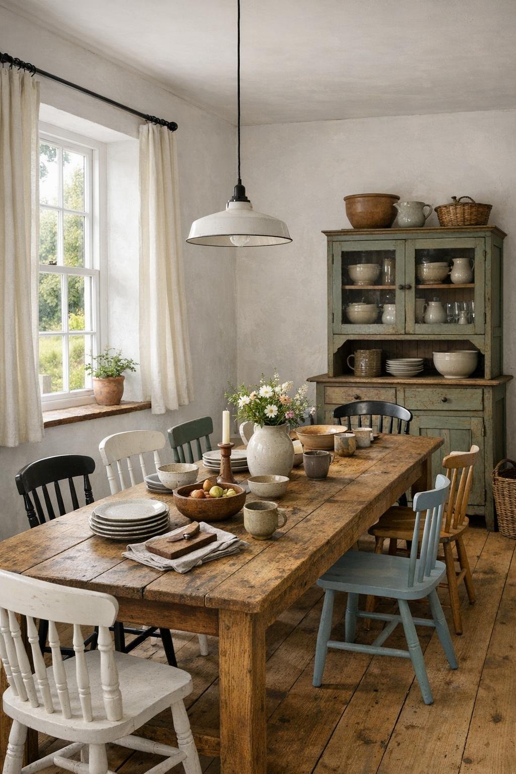 Charming cottage dining area with farmhouse table and vintage seating