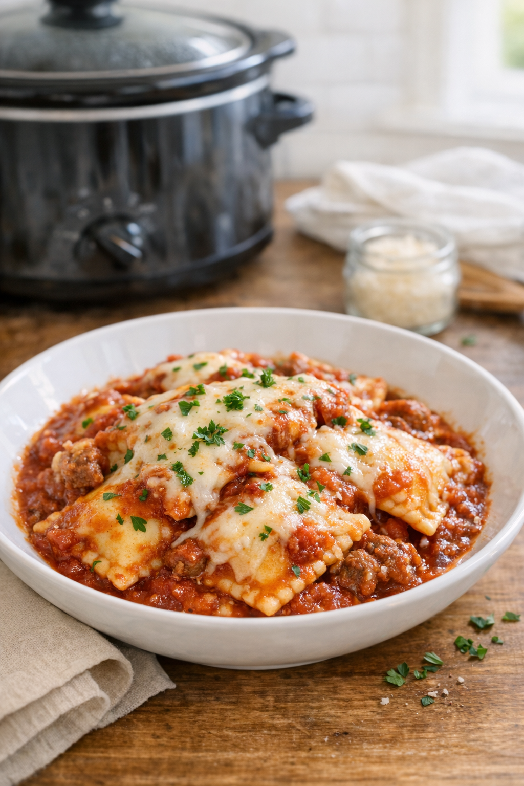 Finished slow cooker beef ravioli plated in a bowl