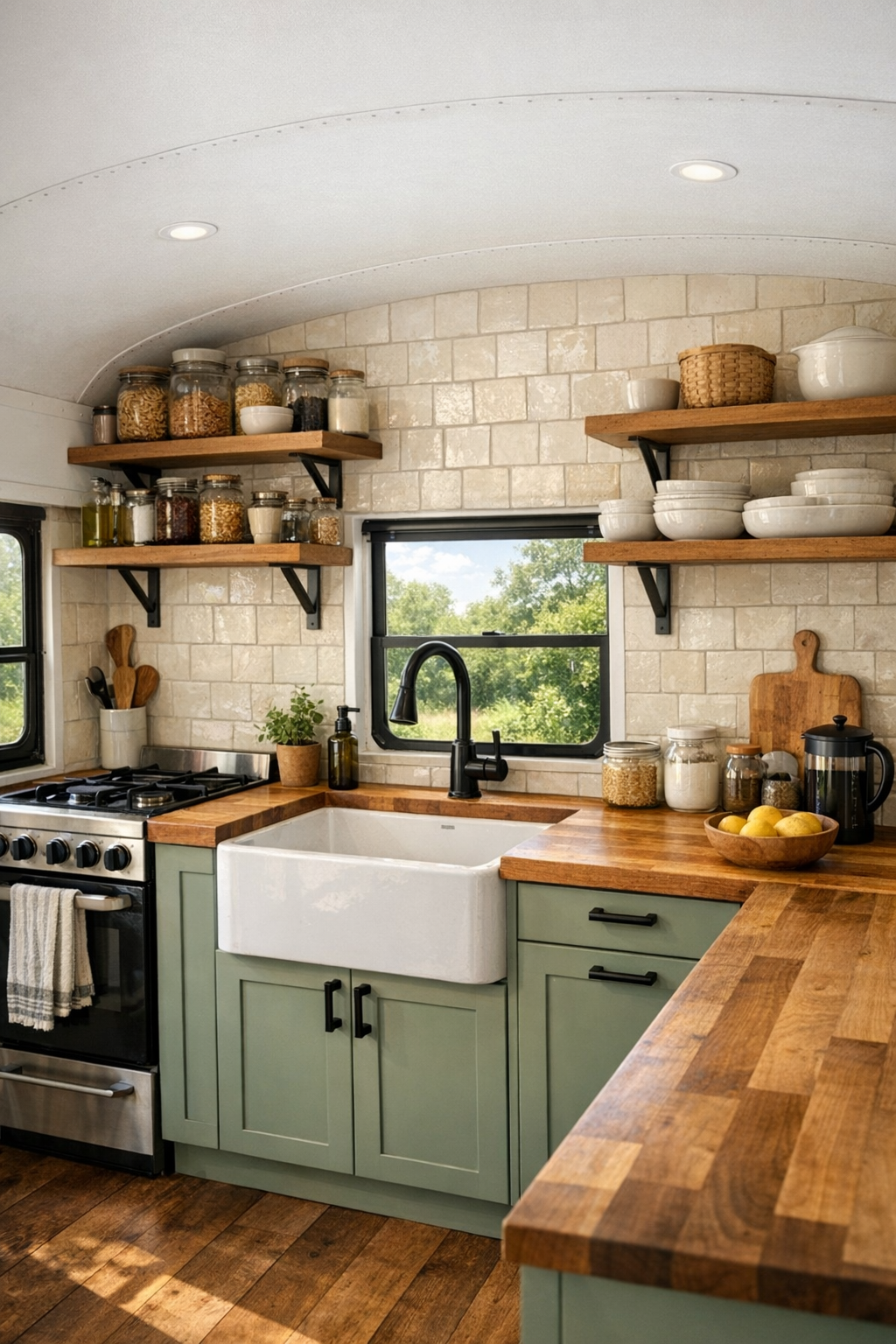 Galley kitchen inside a converted bus with sage cabinets and butcher-block counters