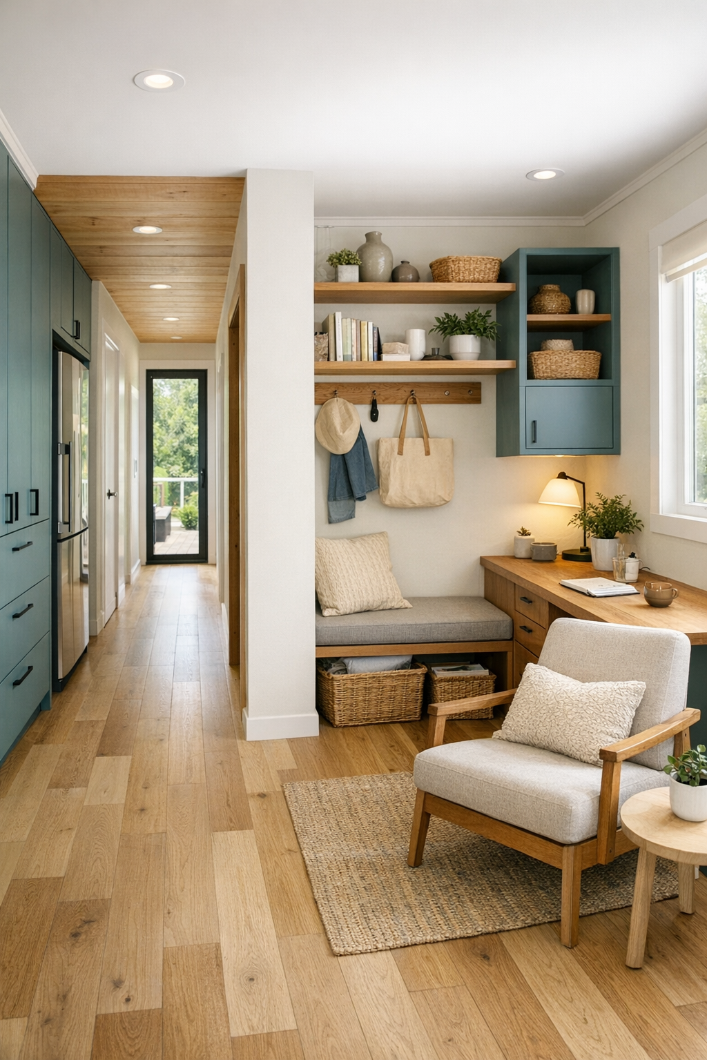 Bright hallway and multipurpose nook with built-in storage and warm wood details